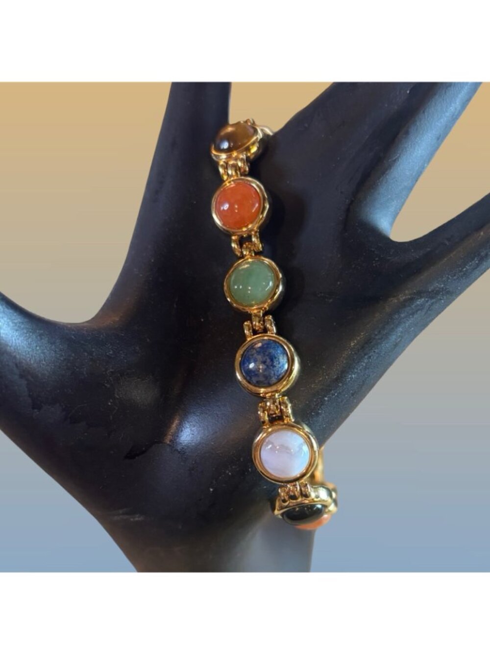 Vintage GoldTone MultiStone Bracelet Cabochon Gemstone Accents & Secure Clasp